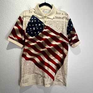 American Summer Polo Shirt Mens S Beige Graphic Declaration of Independence Flag